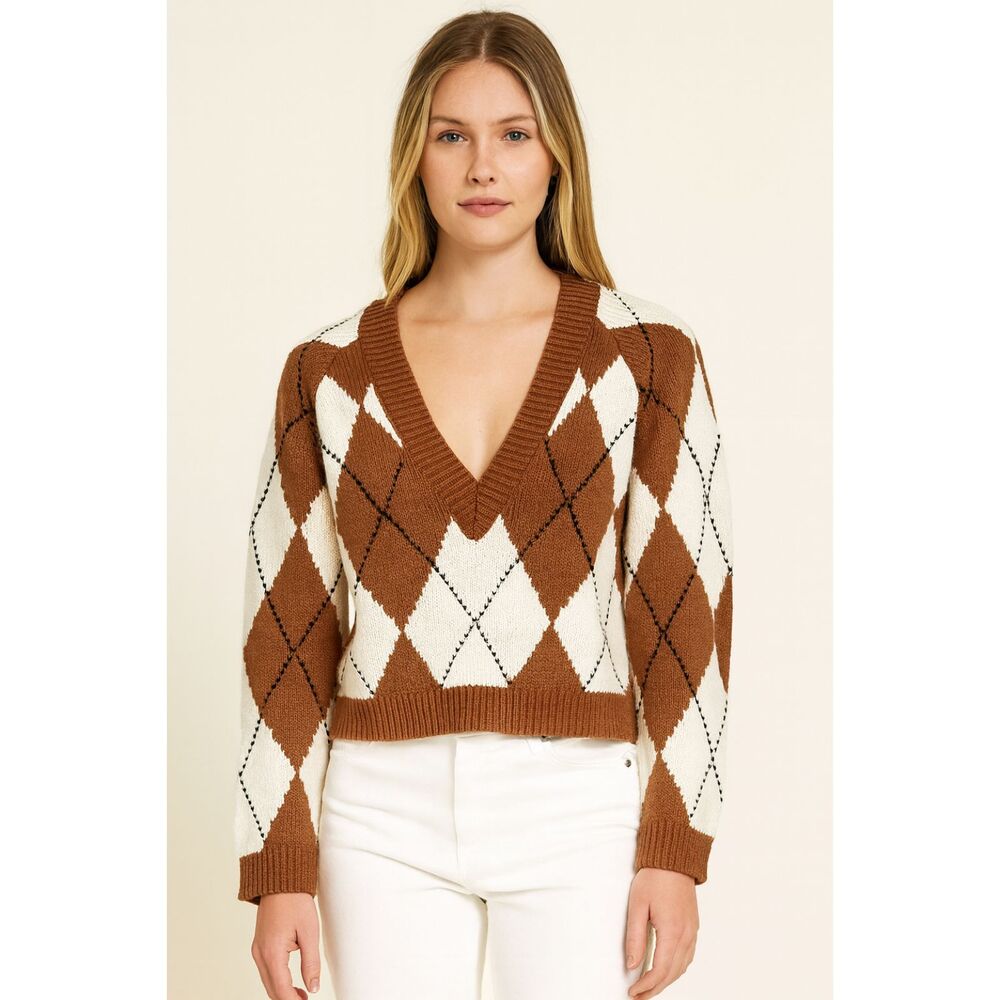 SAYLOR Argyle‎ Printed V-Neck Sweater Brown White Medium